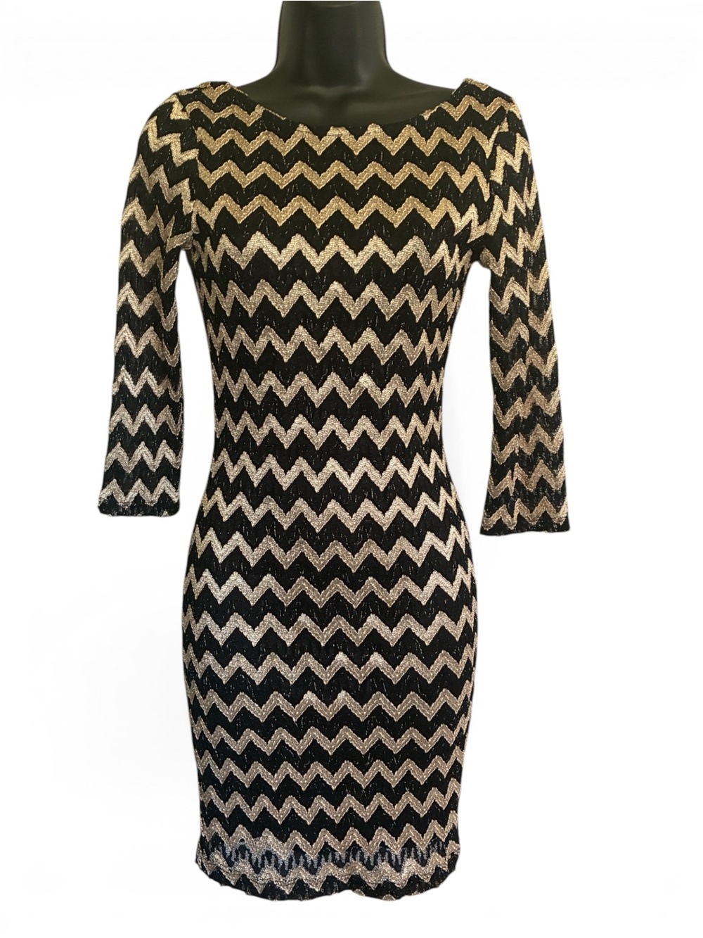 Vintage Y2k Bodycon Indiesleaze 2000s Back & Gold Chevron Dress Made in US Sz M